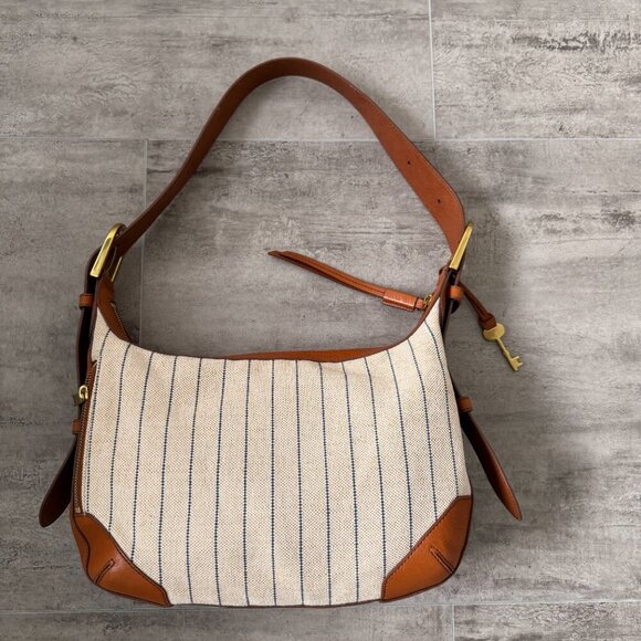 FOSSIL Tan W/ Blue Stripes HANNAH HOBO Canvas & Leather Shoulder Bag - Picture 3 of 16